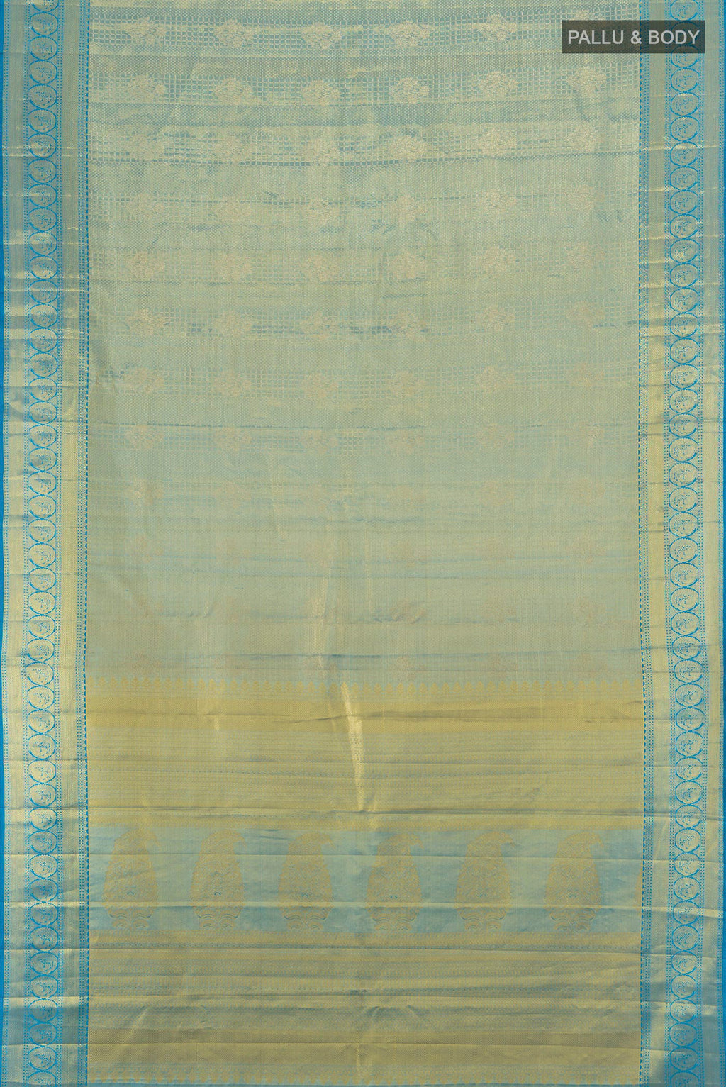 Flat view of Light Blue Kanchipuram Silk Saree with Zari Brocade on the body and Zari Border. 