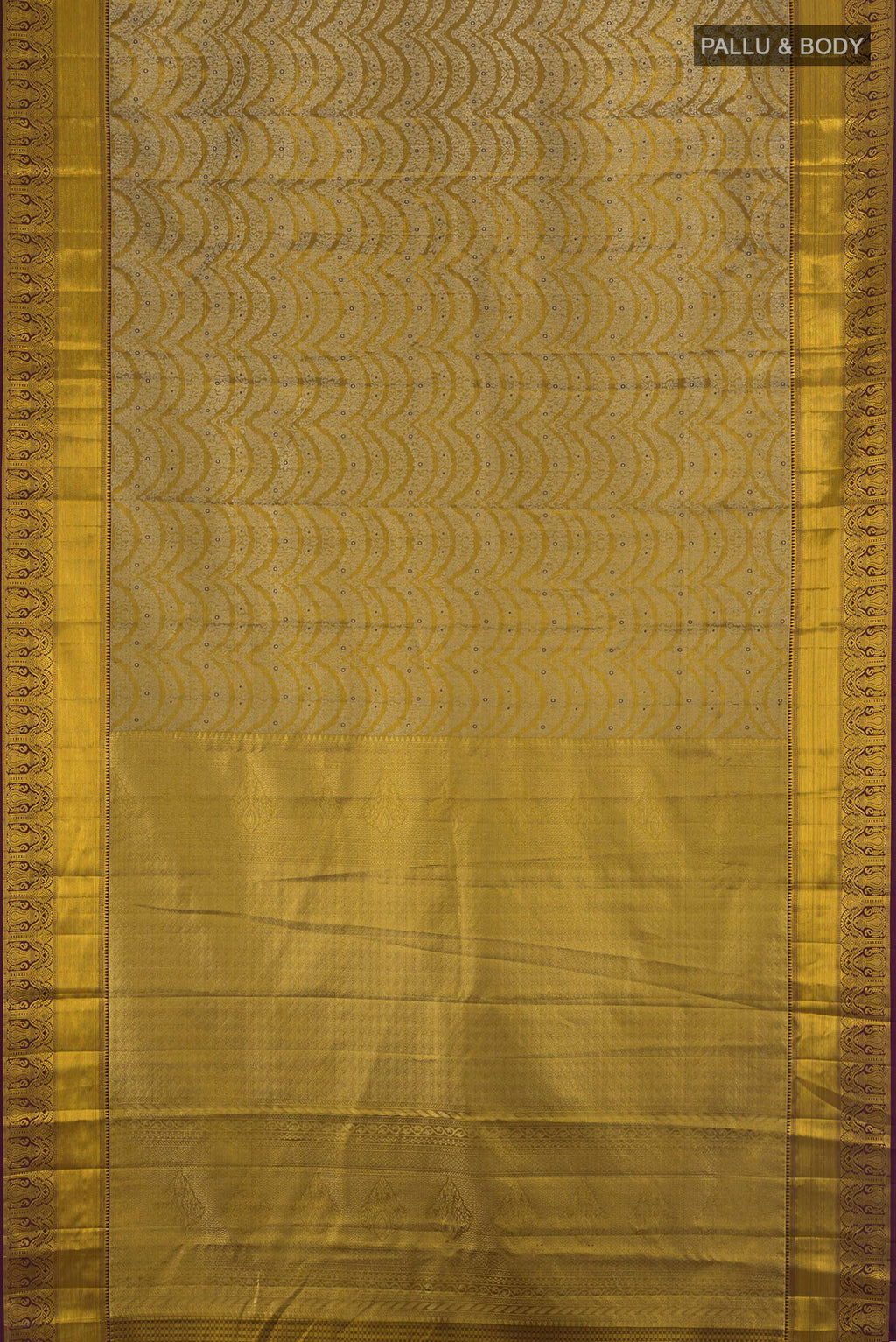 Flat view of Mehandi Green Kanchipuram Silk Saree with Zari Brocade on the body and Zari Border. 