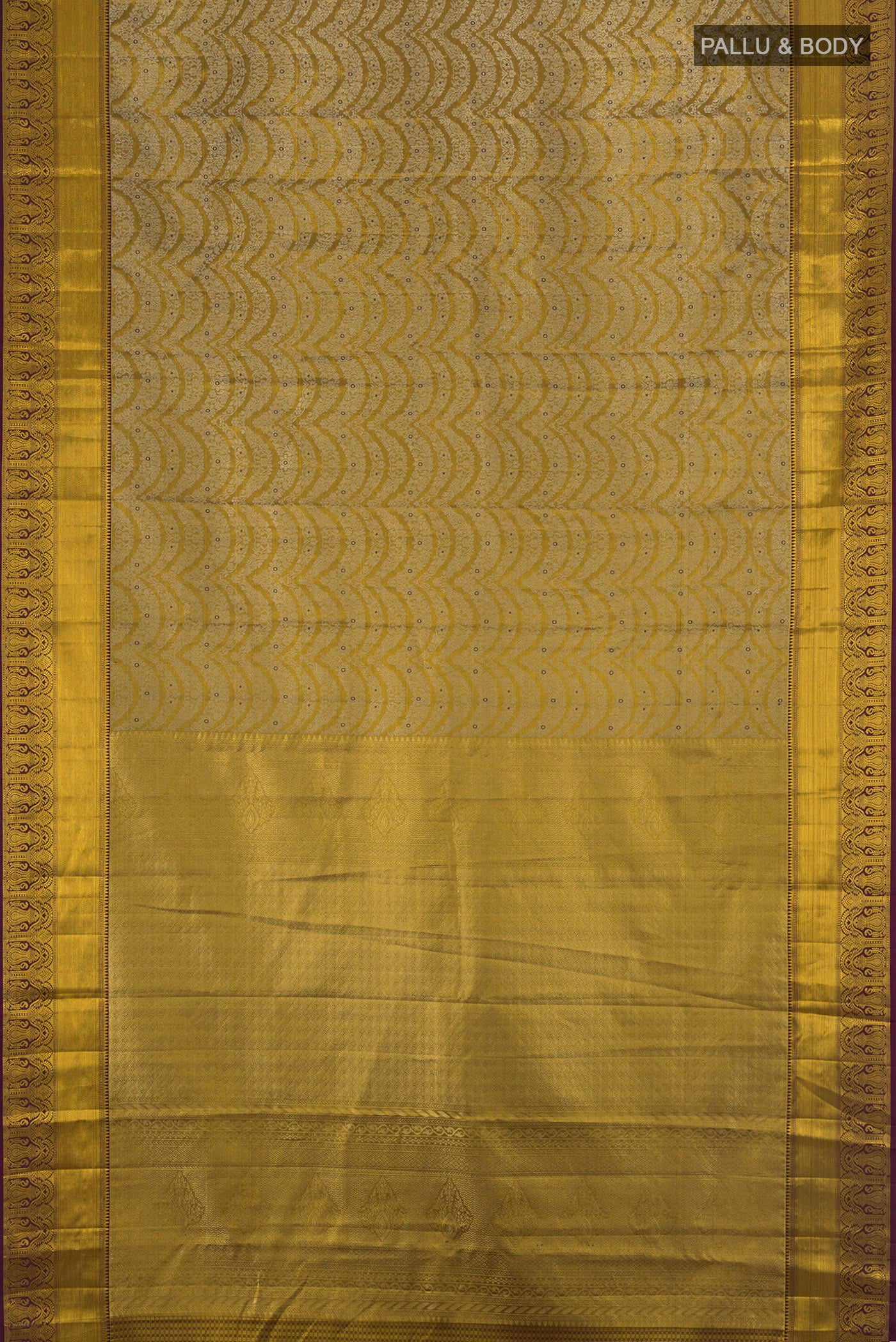 Flat view of Mehandi Green Kanchipuram Silk Saree with Zari Brocade on the body and Zari Border. 