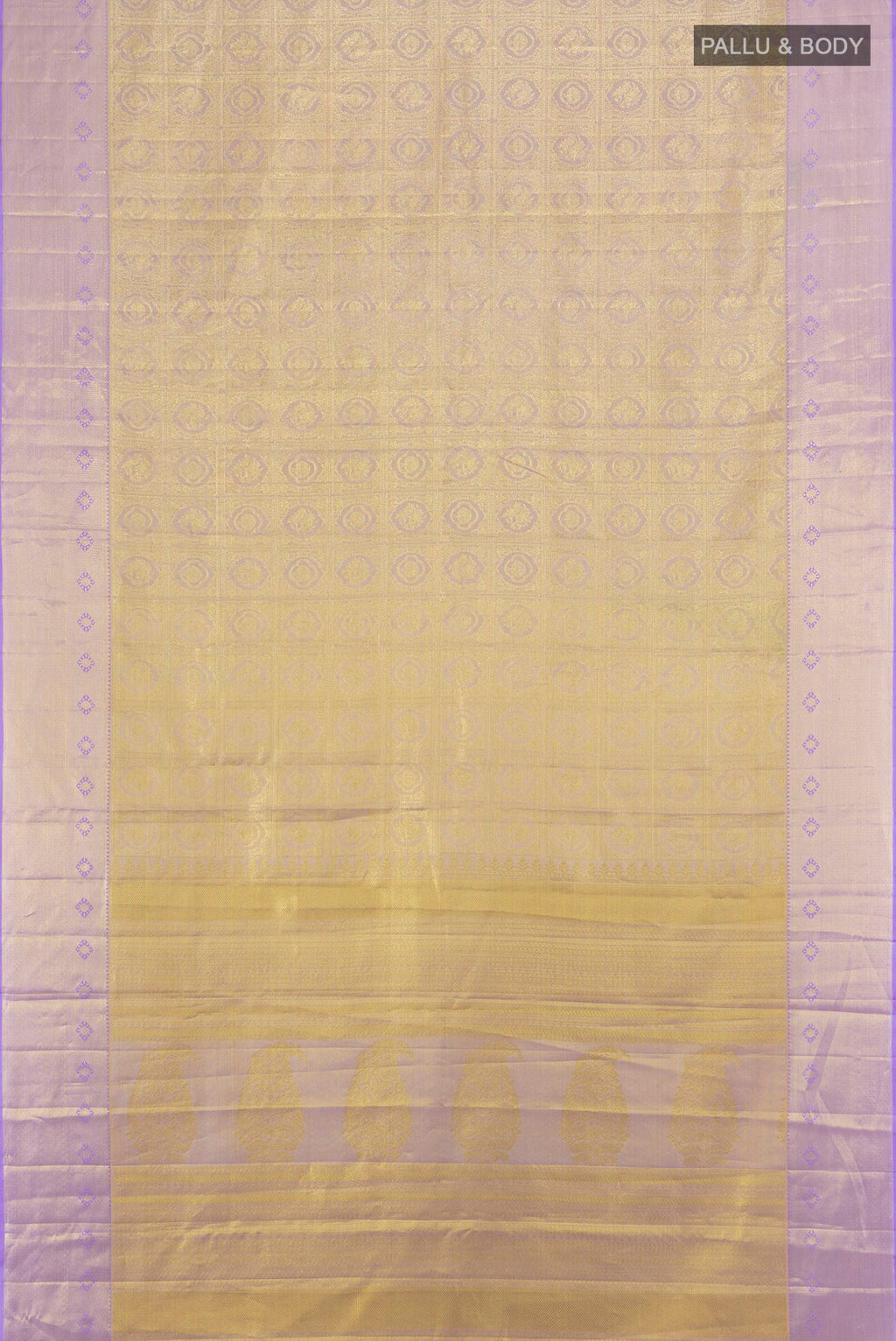 Flat view of Lavender Kanchipuram Tissue Silk Saree with Zari Brocade on the body and Zari Border. 