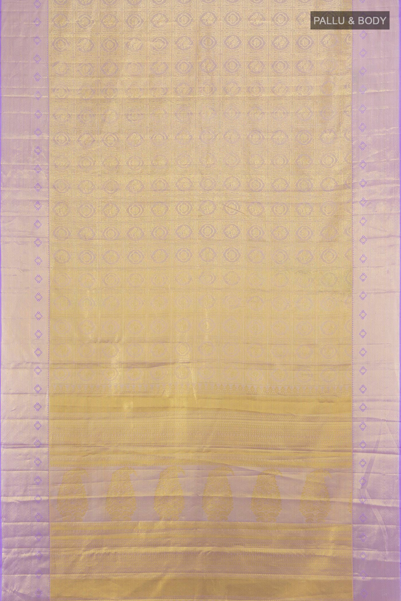Flat view of Lavender Kanchipuram Tissue Silk Saree with Zari Brocade on the body and Zari Border. 