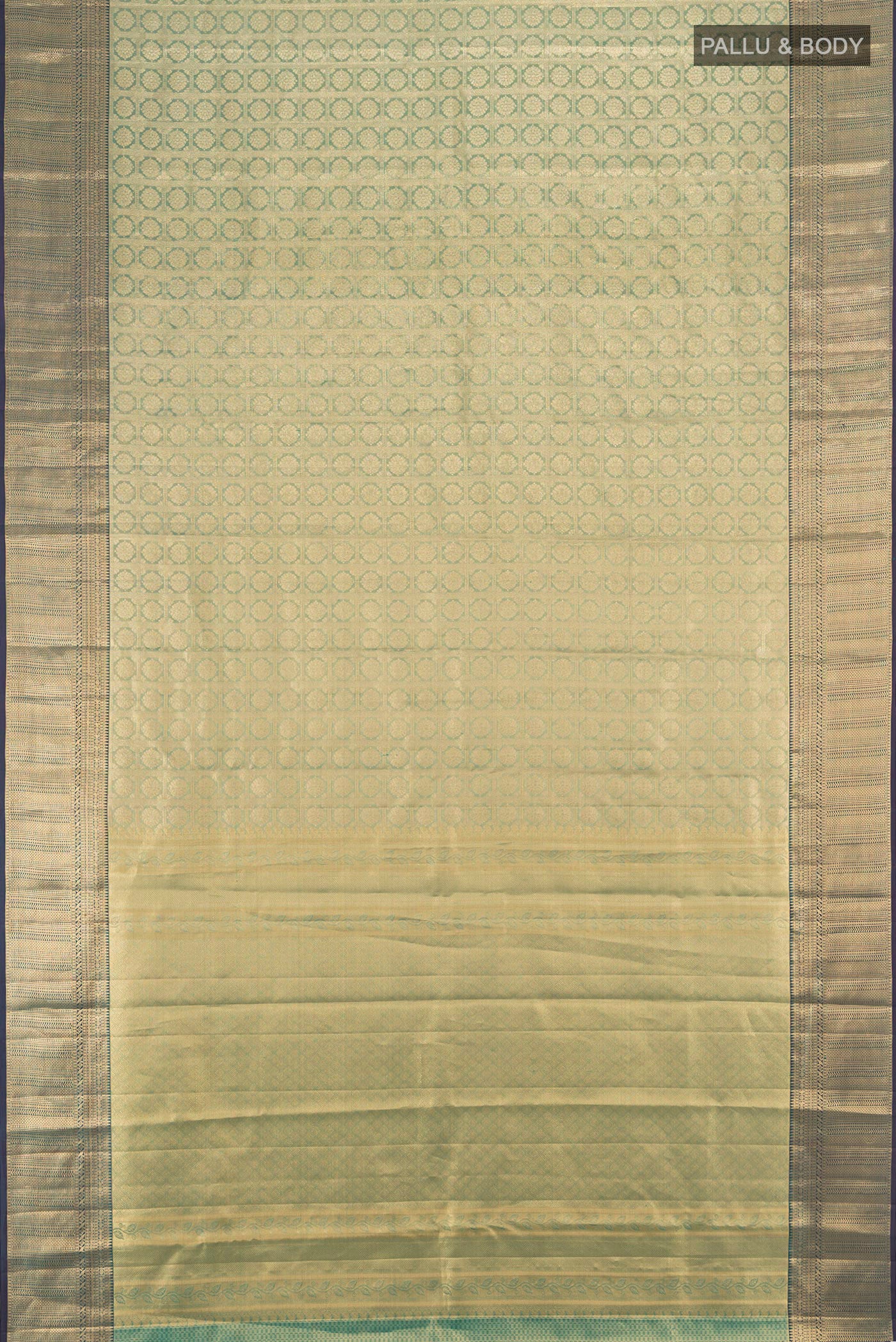 Flat view of Gold Kanchipuram Tissue Silk Saree with Zari Brocade on the body and Zari Border. 