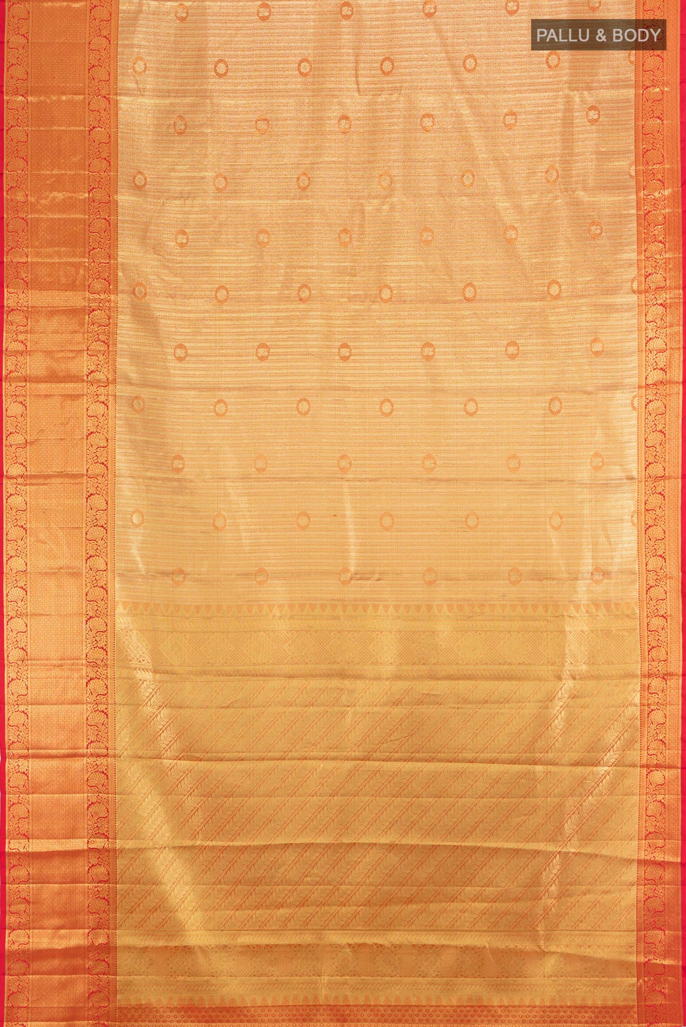Flat view of Golden Kanchipuram Tissue Silk Saree with Zari Brocade on the body and Zari Border. 
