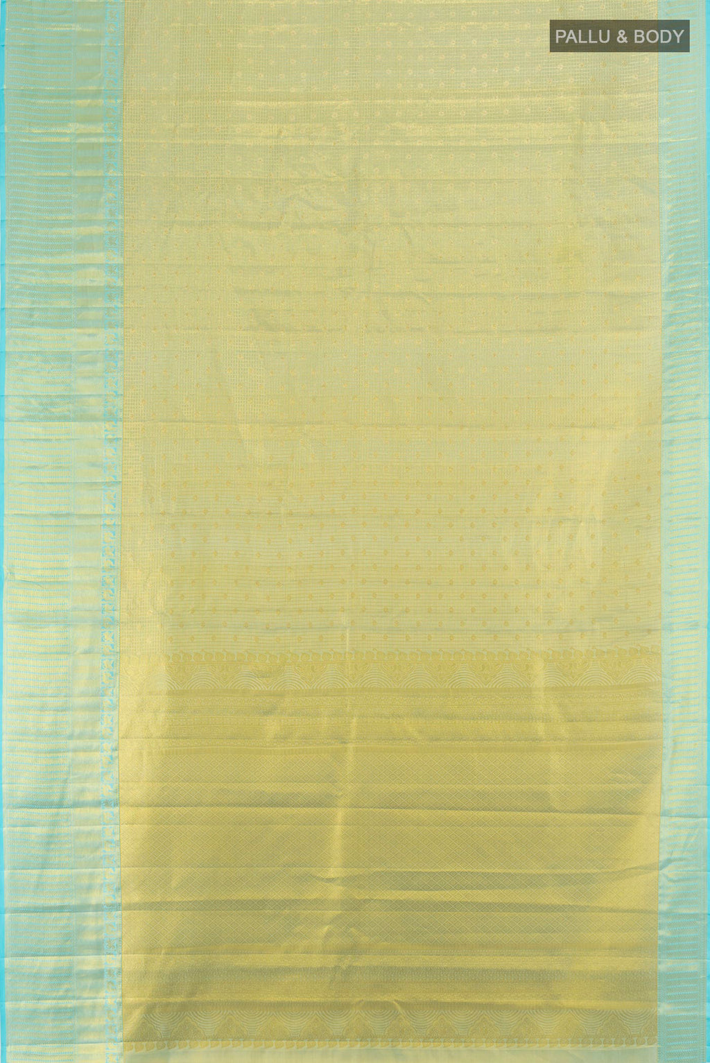 Flat view of Golden Kanchipuram Tissue Silk Saree with Zari Brocade on the body and Zari Border. 