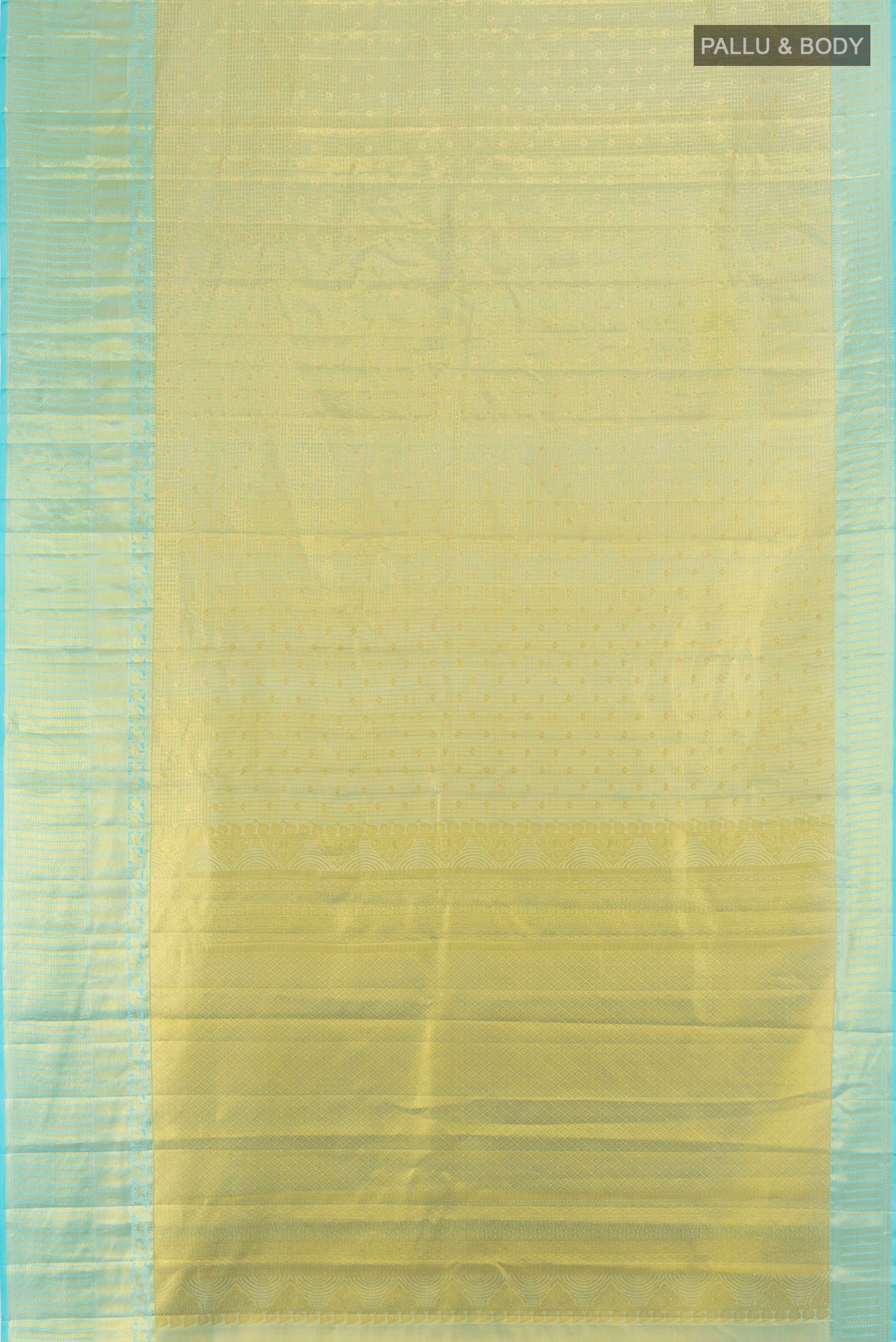 Flat view of Golden Kanchipuram Tissue Silk Saree with Zari Brocade on the body and Zari Border. 