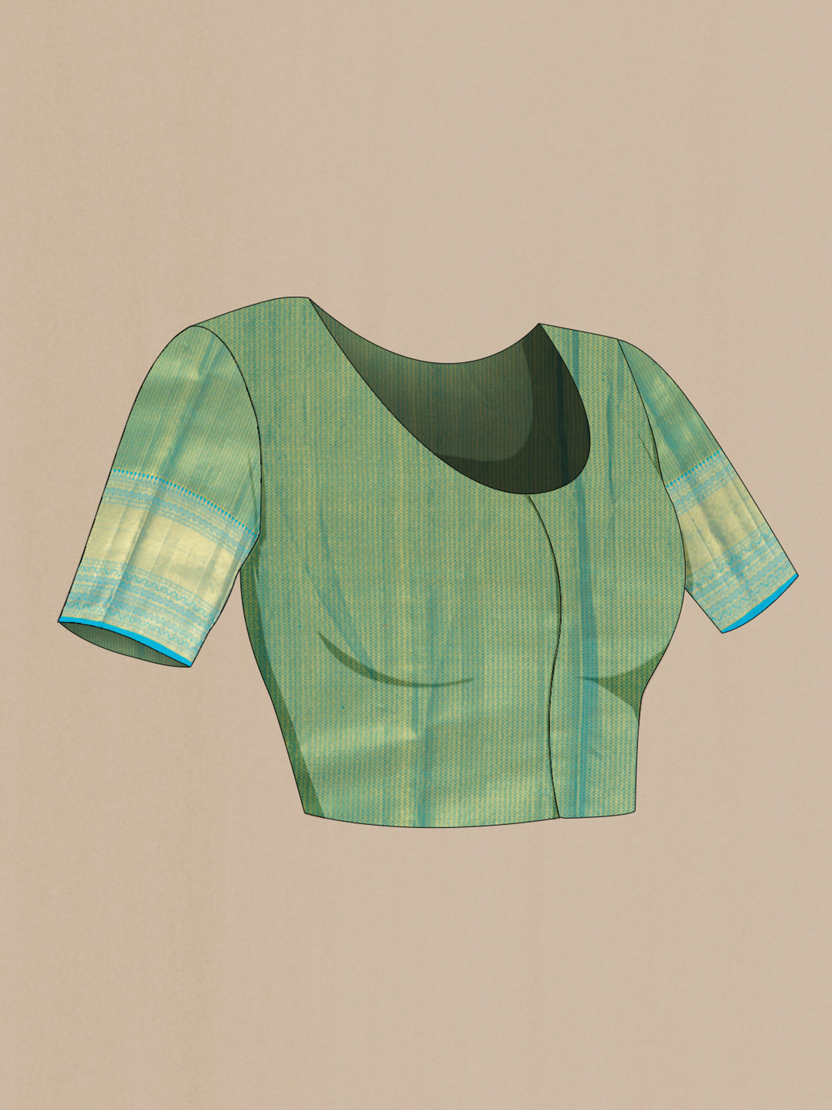Close up image of the blouse of Pure Silk Multi Color Kanchipuram Saree with Zari Brocade on the body and Zari Border. 