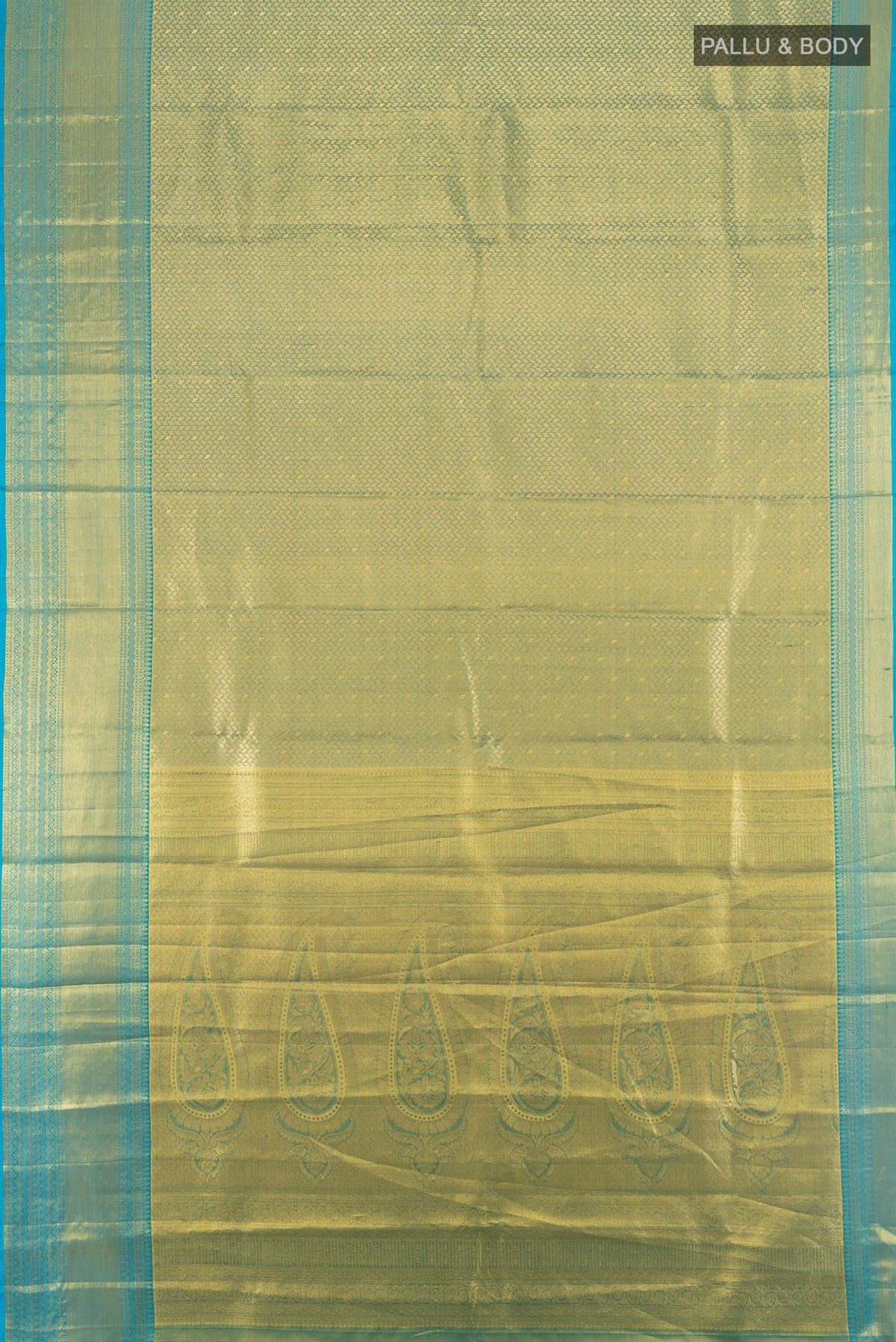 Flat view of Pure Silk Multi Color Kanchipuram Saree with Zari Brocade on the body and Zari Border. 