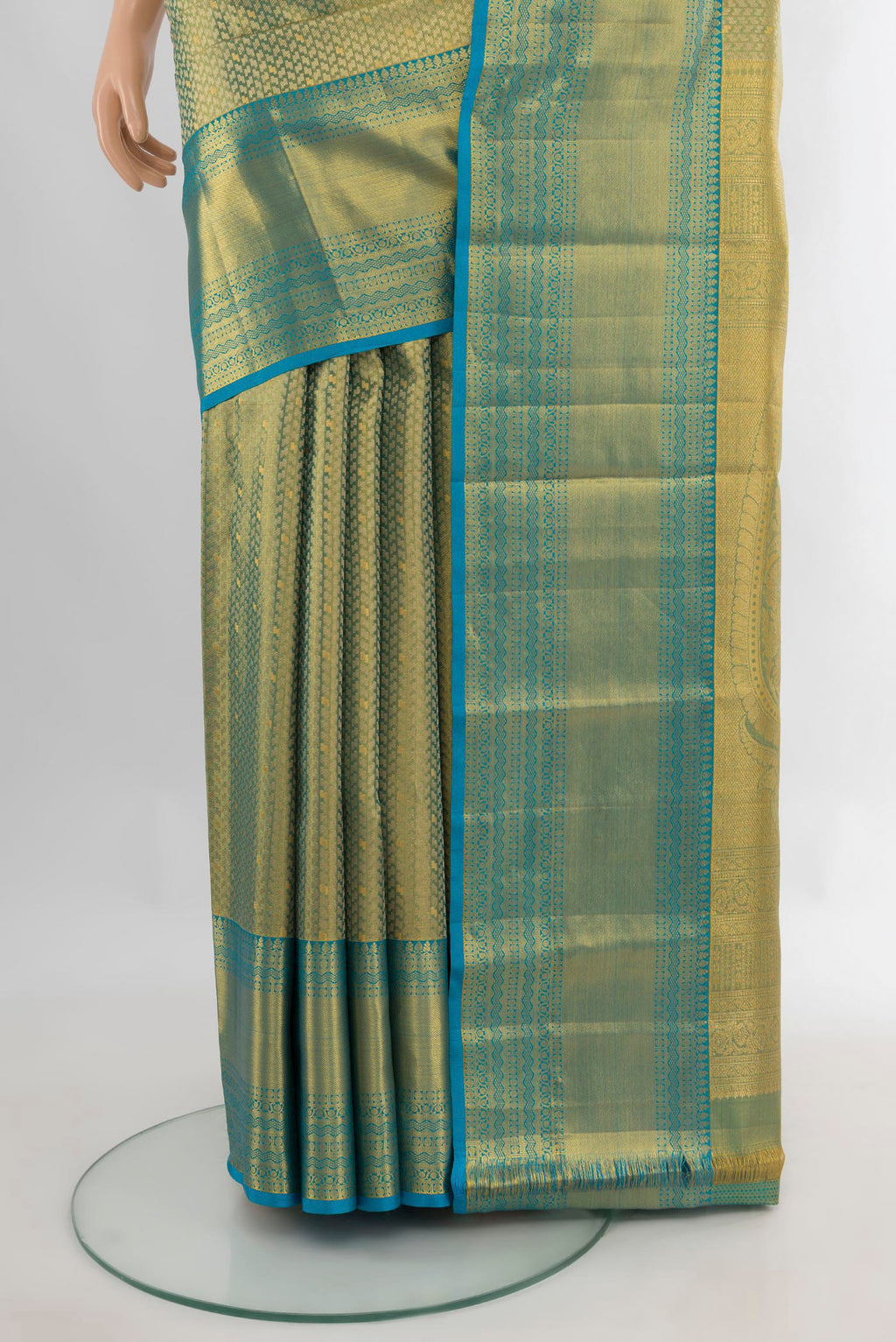 Pleats and pallu of Pure Silk Multi Color Kanchipuram Saree with Zari Brocade on the body and Zari Border. 