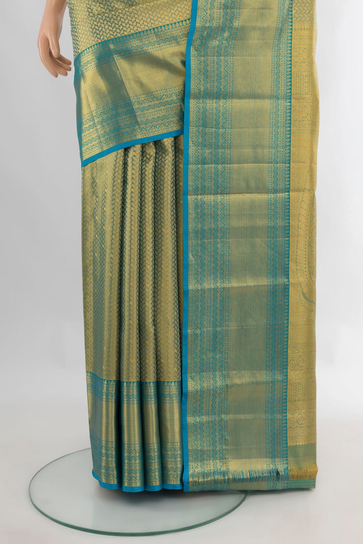 Pleats and pallu of Pure Silk Multi Color Kanchipuram Saree with Zari Brocade on the body and Zari Border. 