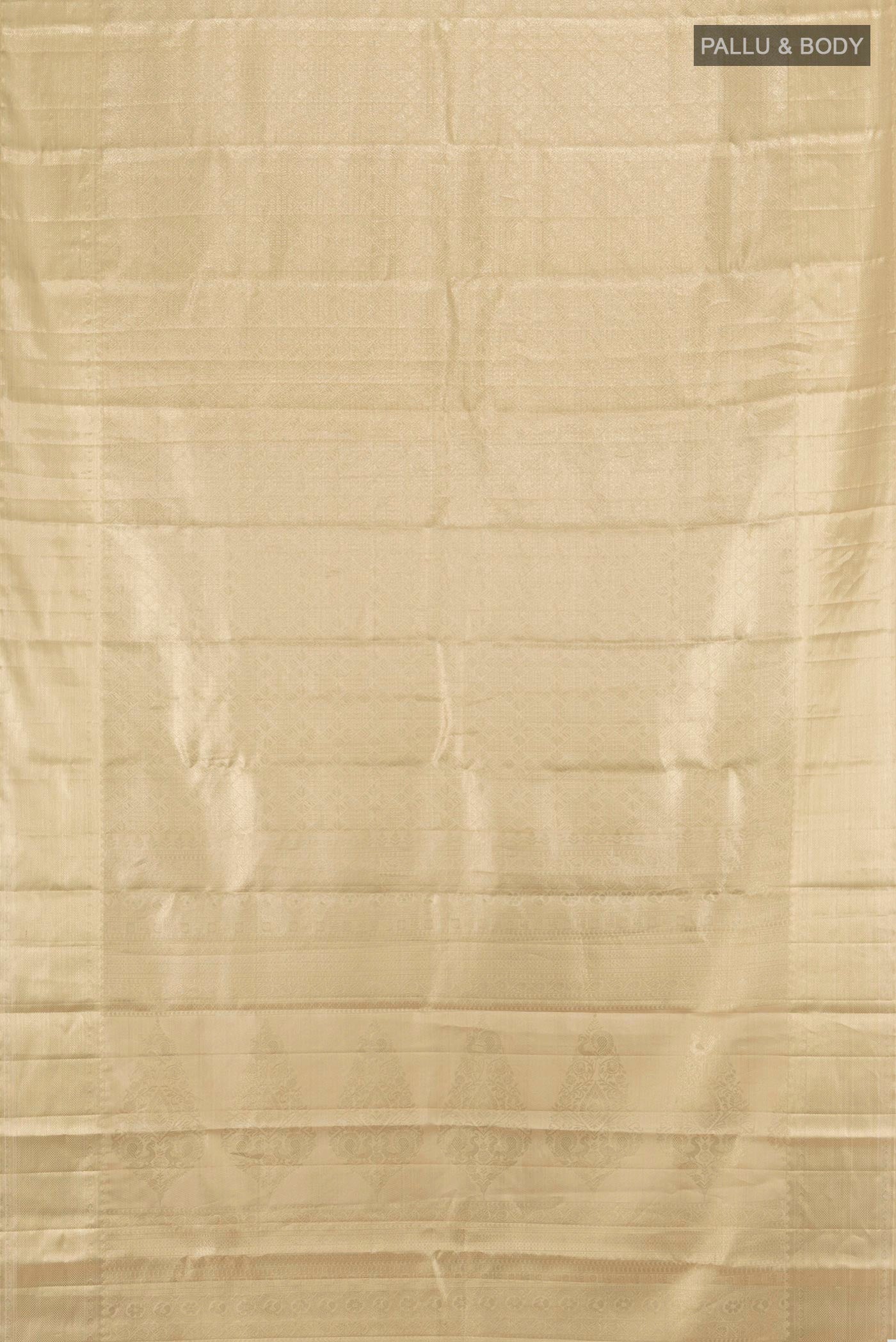 Flat view of Beige Kanjivaram Tissue Silk Saree with Zari Brocade on the body and Zari Border. 