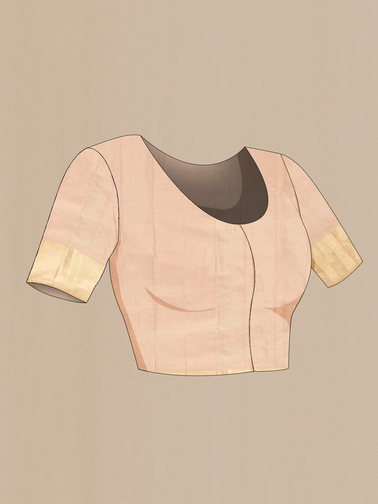 Close up image of the blouse of Rose Gold Kanjivaram Silk Saree with Zari Brocade on the body and Zari Border. 