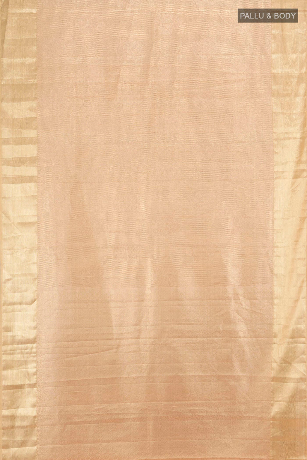Flat view of Rose Gold Kanjivaram Silk Saree with Zari Brocade on the body and Zari Border. 