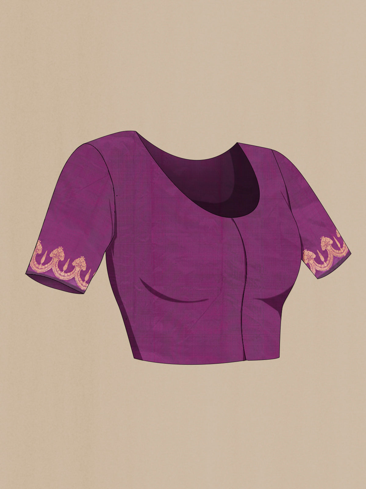 Close up image of the blouse of Purple Banarasi Katan Silk Saree with Zari Butta on the body and Fancy Border. 
