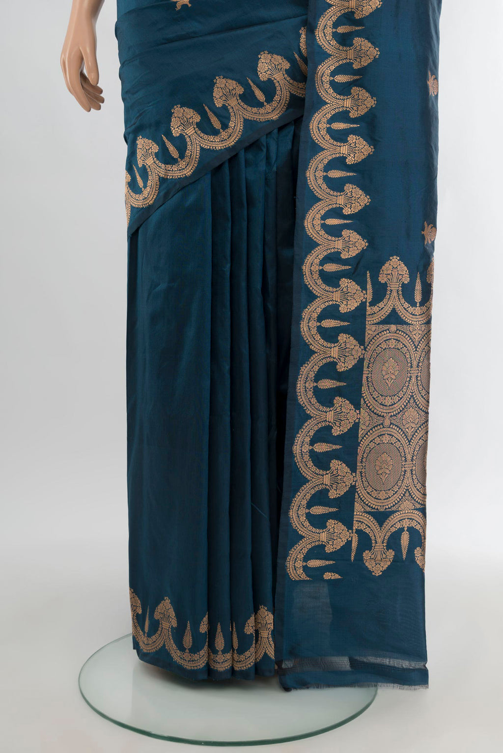 Pleats and pallu of Blue Banarasi Katan Silk Saree with Zari Butta on the body and Fancy Border. 