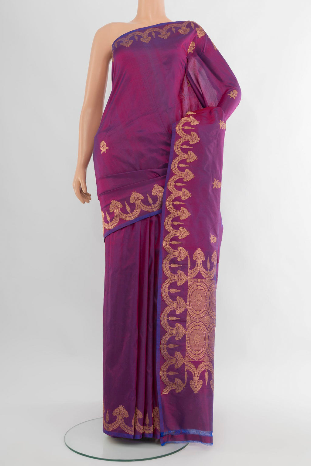 Purple Banarasi Katan Silk Saree with Zari Butta on the body and Fancy Border.  displayed on a mannequin