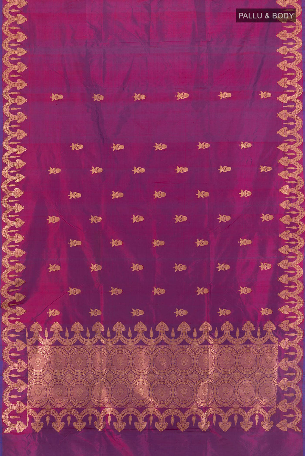 Flat view of Purple Banarasi Katan Silk Saree with Zari Butta on the body and Fancy Border. 