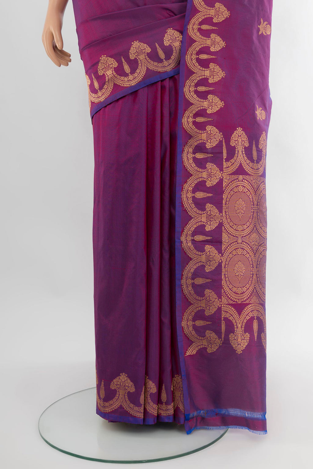 Pleats and pallu of Purple Banarasi Katan Silk Saree with Zari Butta on the body and Fancy Border. 