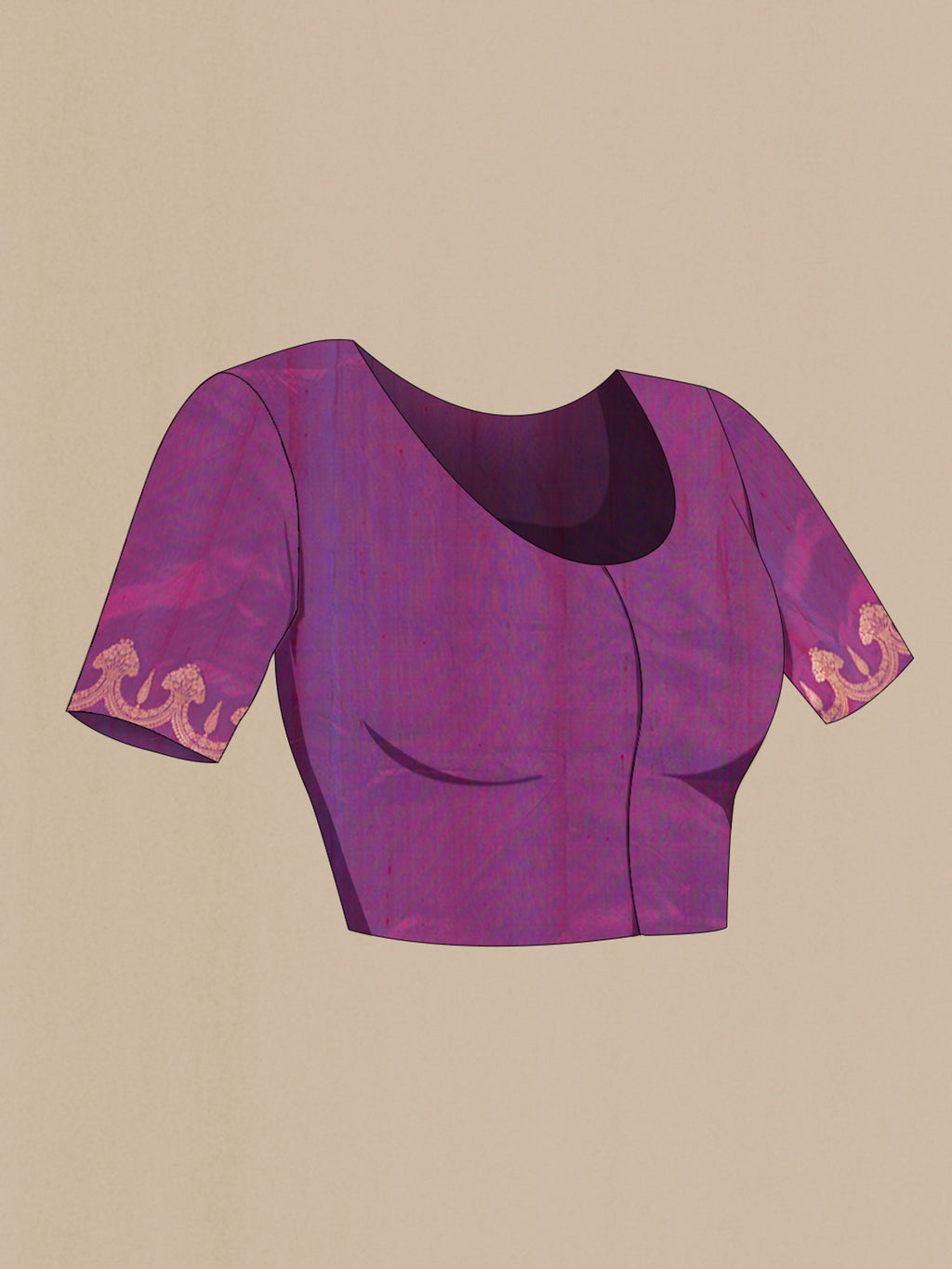 Close up image of the blouse of Purple Banarasi Katan Silk Saree with Zari Butta on the body and Fancy Border. 