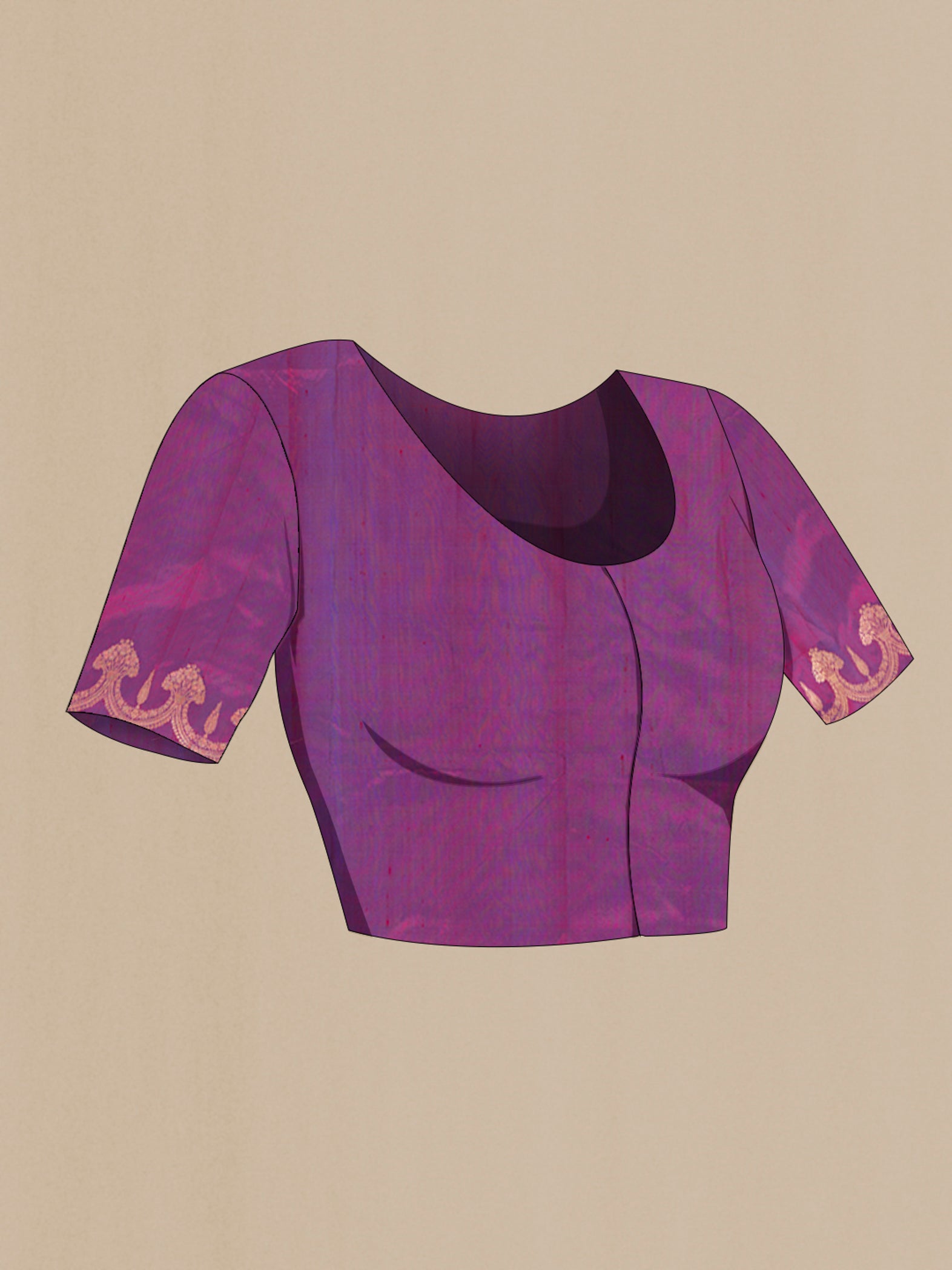 Close up image of the blouse of Purple Banarasi Katan Silk Saree with Zari Butta on the body and Fancy Border. 