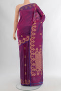 Purple Banarasi Katan Silk Saree with Zari Butta on the body and Fancy Border.  displayed on a mannequin