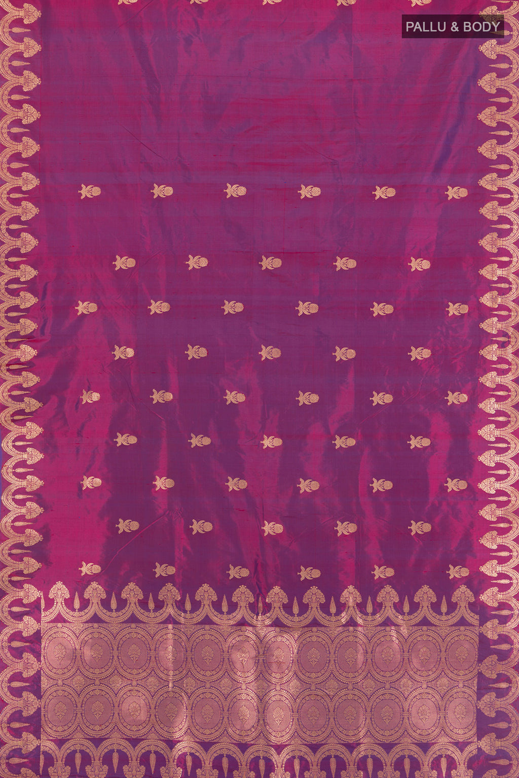 Flat view of Purple Banarasi Katan Silk Saree with Zari Butta on the body and Fancy Border. 