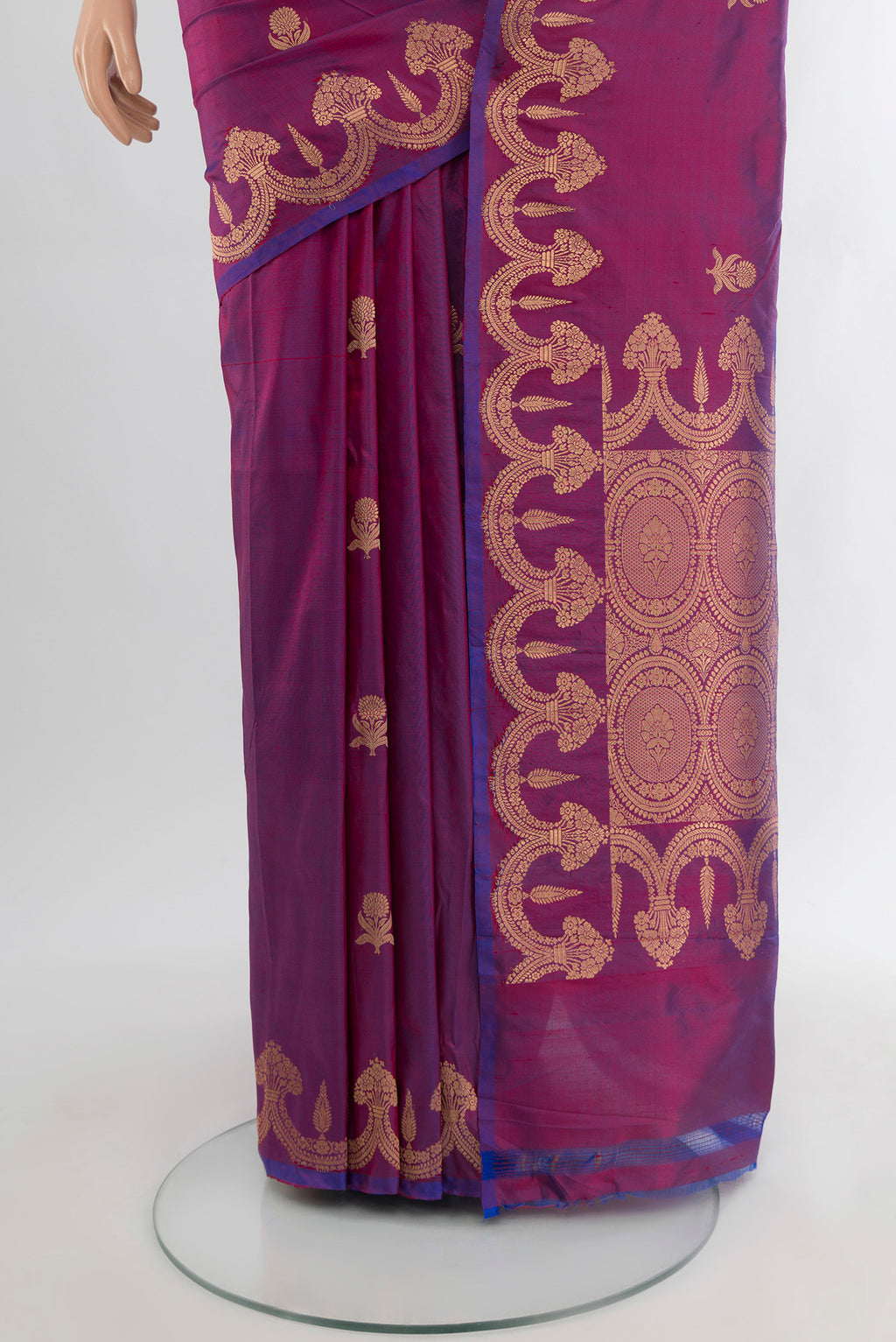 Pleats and pallu of Purple Banarasi Katan Silk Saree with Zari Butta on the body and Fancy Border. 