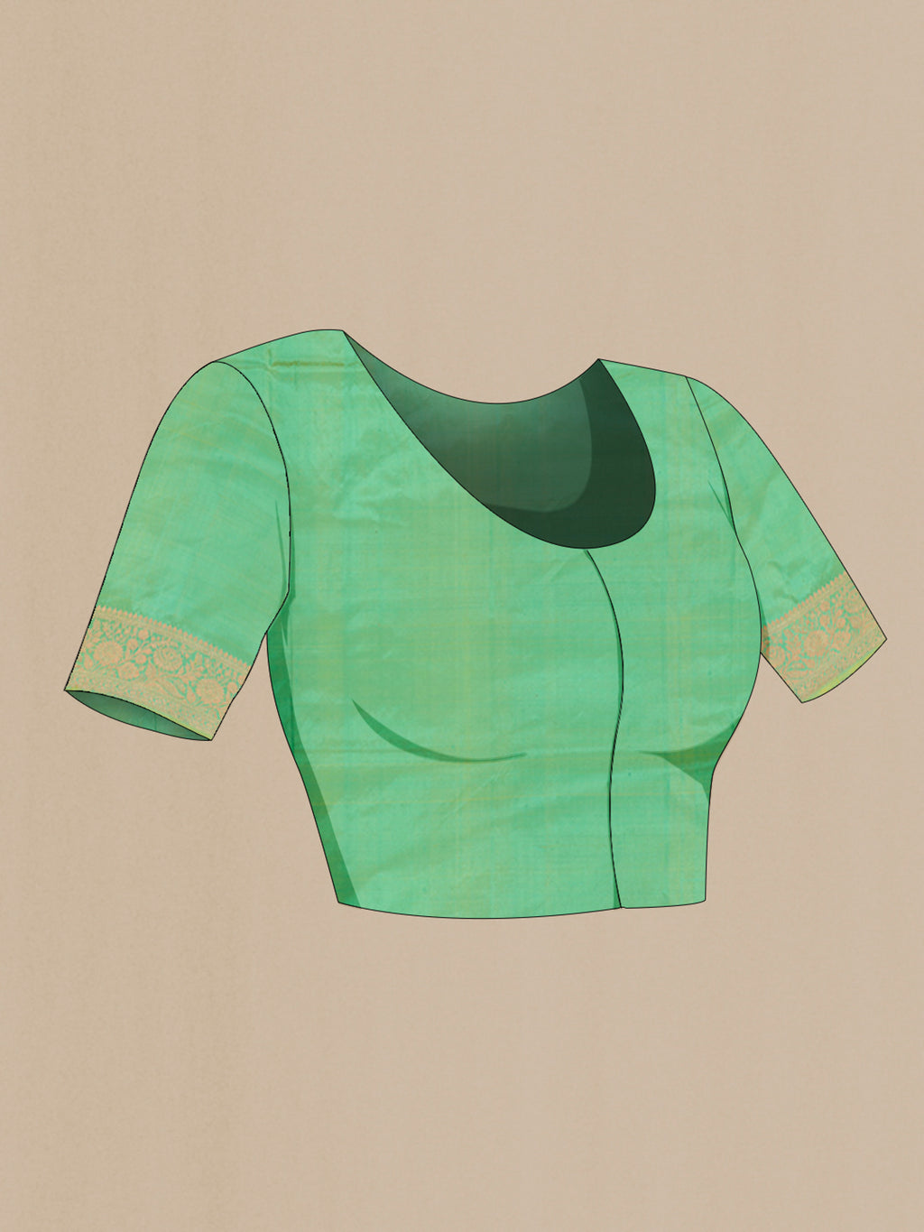 Close up image of the blouse of Light Green Banarasi Katan Silk Saree with Zari Butta on the body and Zari Border. 