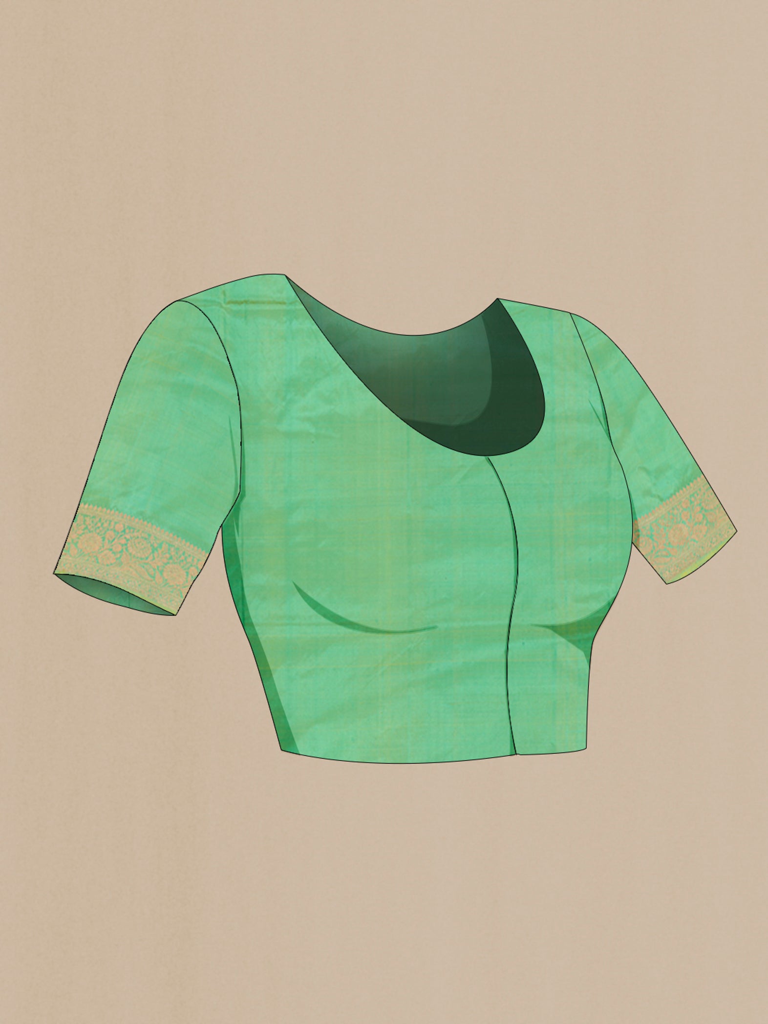 Close up image of the blouse of Light Green Banarasi Katan Silk Saree with Zari Butta on the body and Zari Border. 