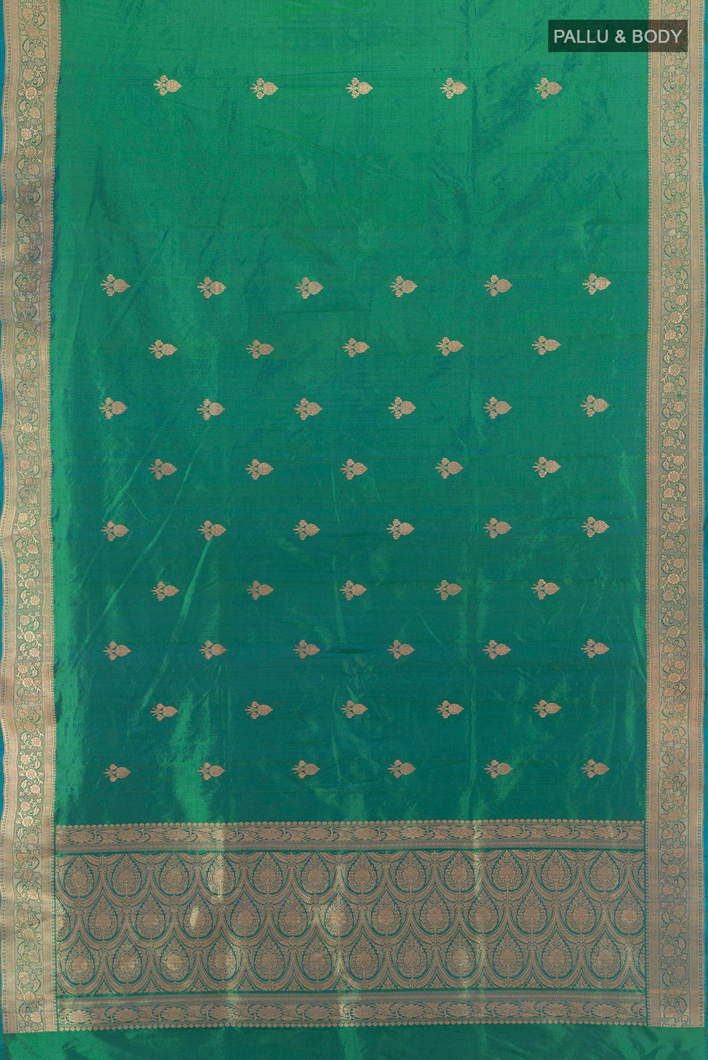Flat view of Pure Silk Light Green Banarasi Katan Saree with Zari Butta on the body and Silk Border. 