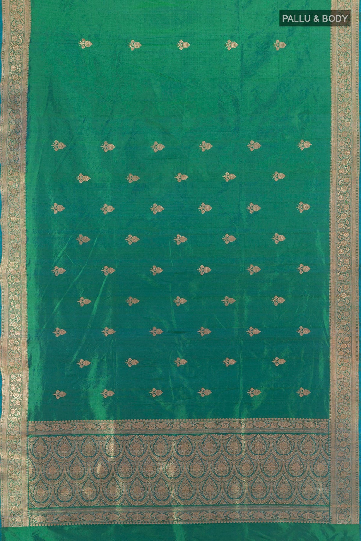 Flat view of Pure Silk Light Green Banarasi Katan Saree with Zari Butta on the body and Silk Border. 