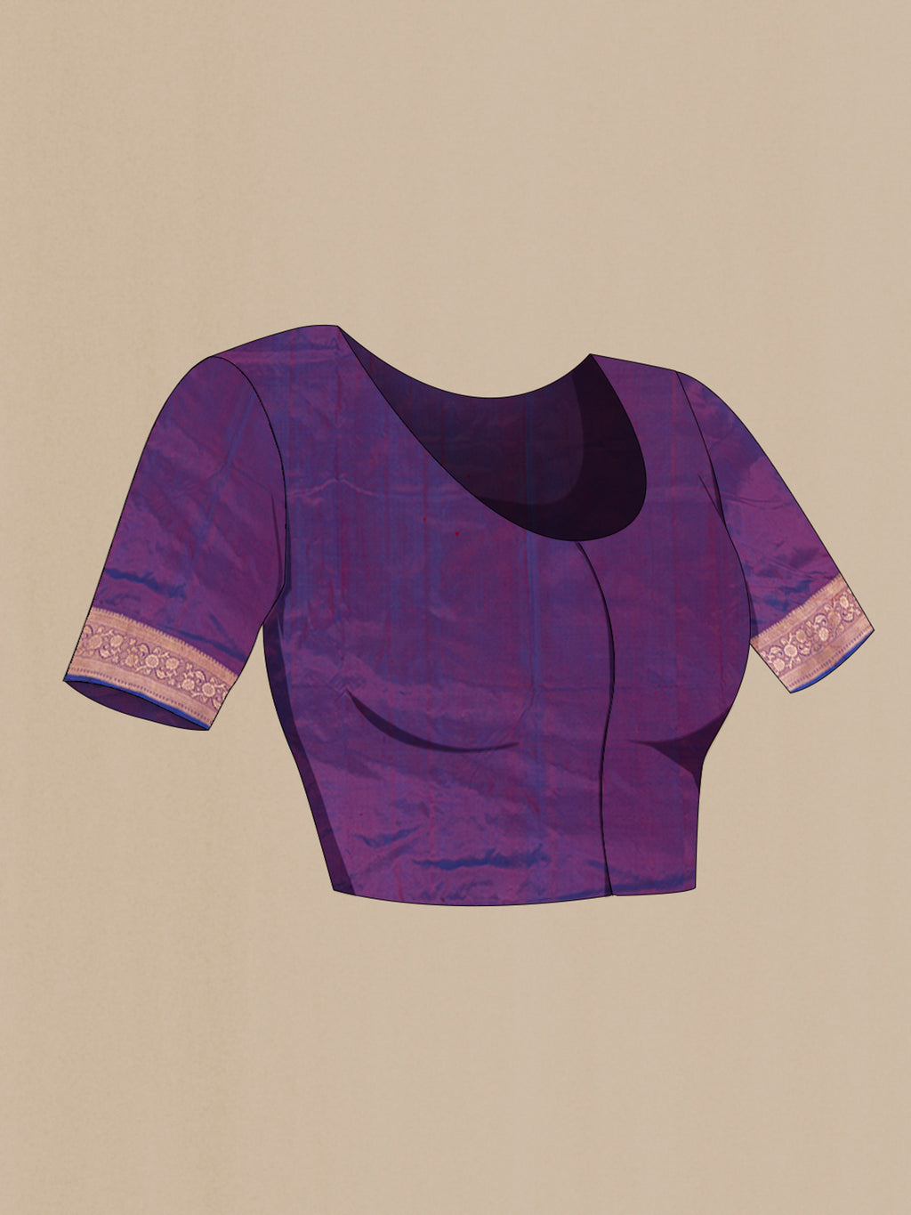 Close up image of the blouse of Purple Banarasi Katan Silk Saree with Zari Butta on the body and Zari Border. 