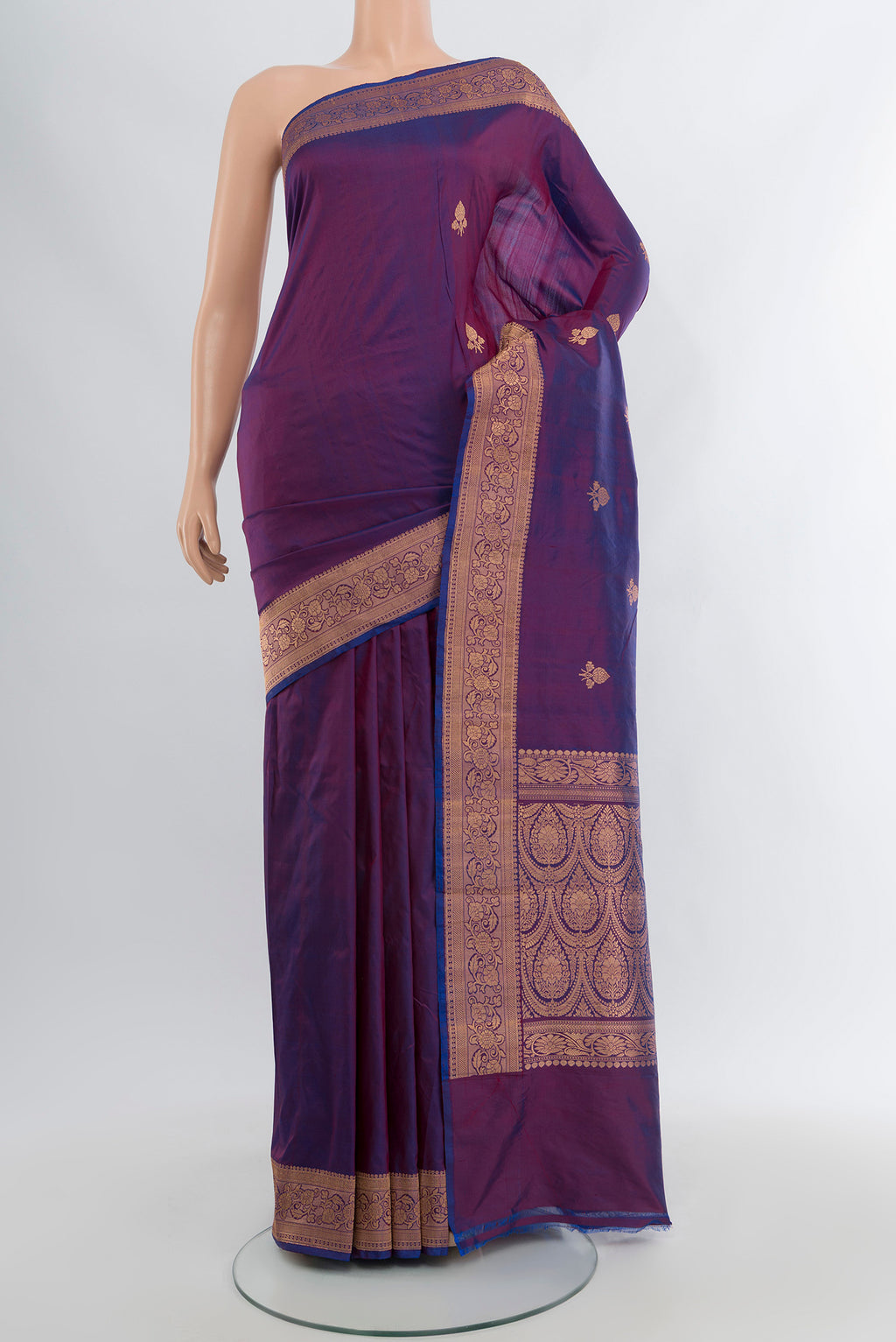 Purple Banarasi Katan Silk Saree with Zari Butta on the body and Zari Border.  displayed on a mannequin