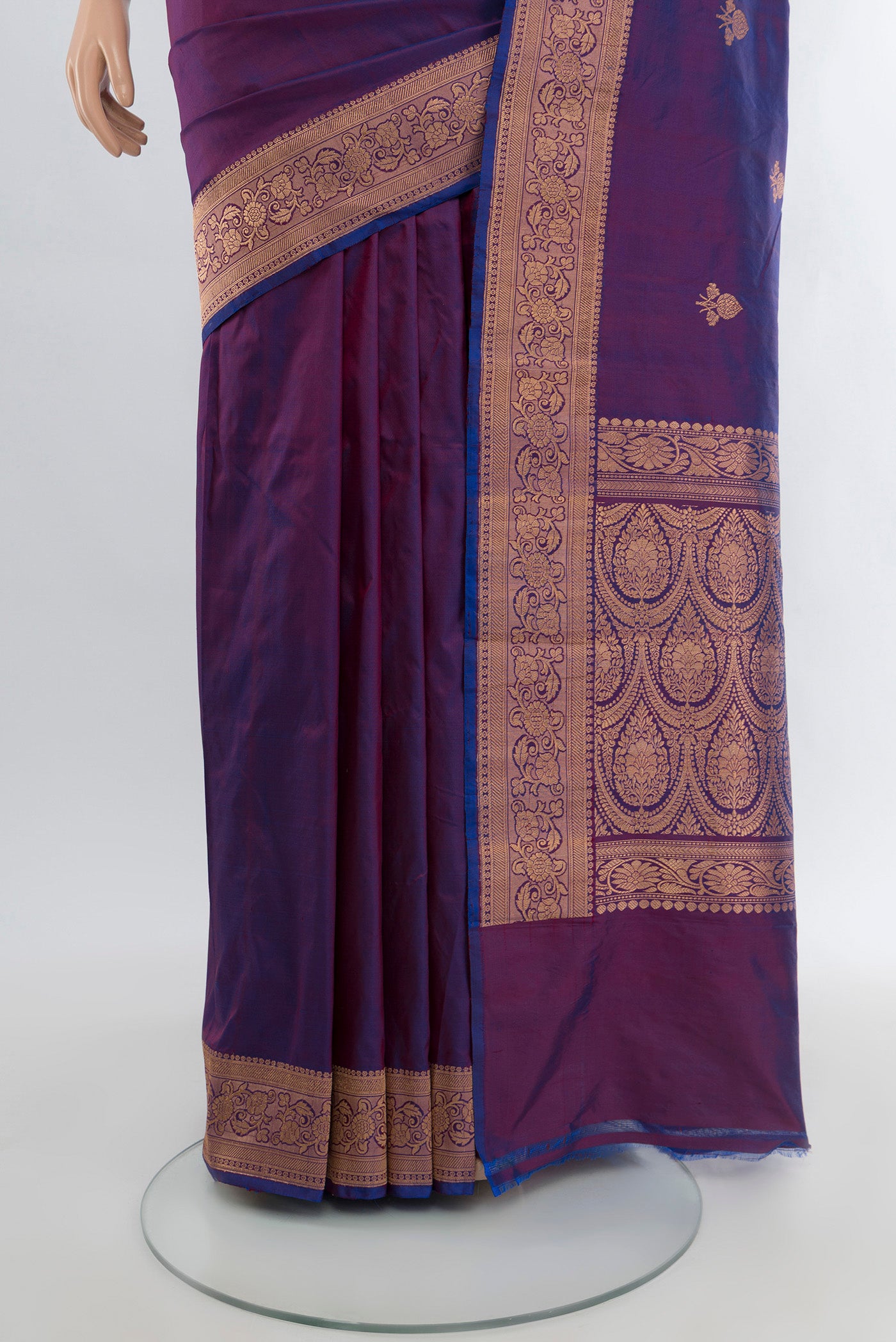 Pleats and pallu of Purple Banarasi Katan Silk Saree with Zari Butta on the body and Zari Border. 