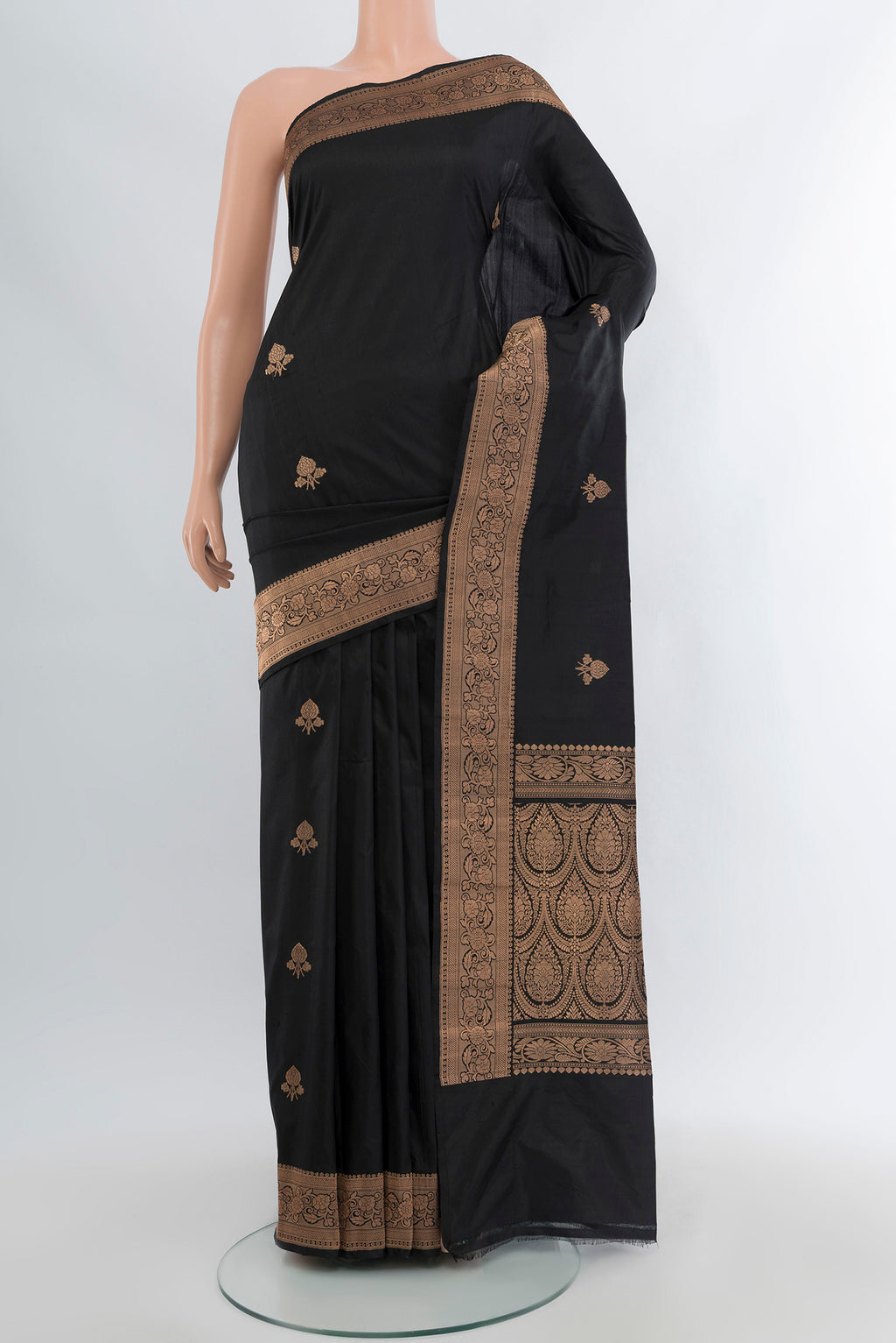 Black Banarasi Katan Silk Saree with Zari Butta on the body and Zari Border.  displayed on a mannequin
