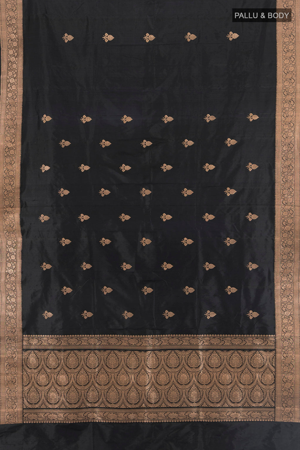 Flat view of Black Banarasi Katan Silk Saree with Zari Butta on the body and Zari Border. 