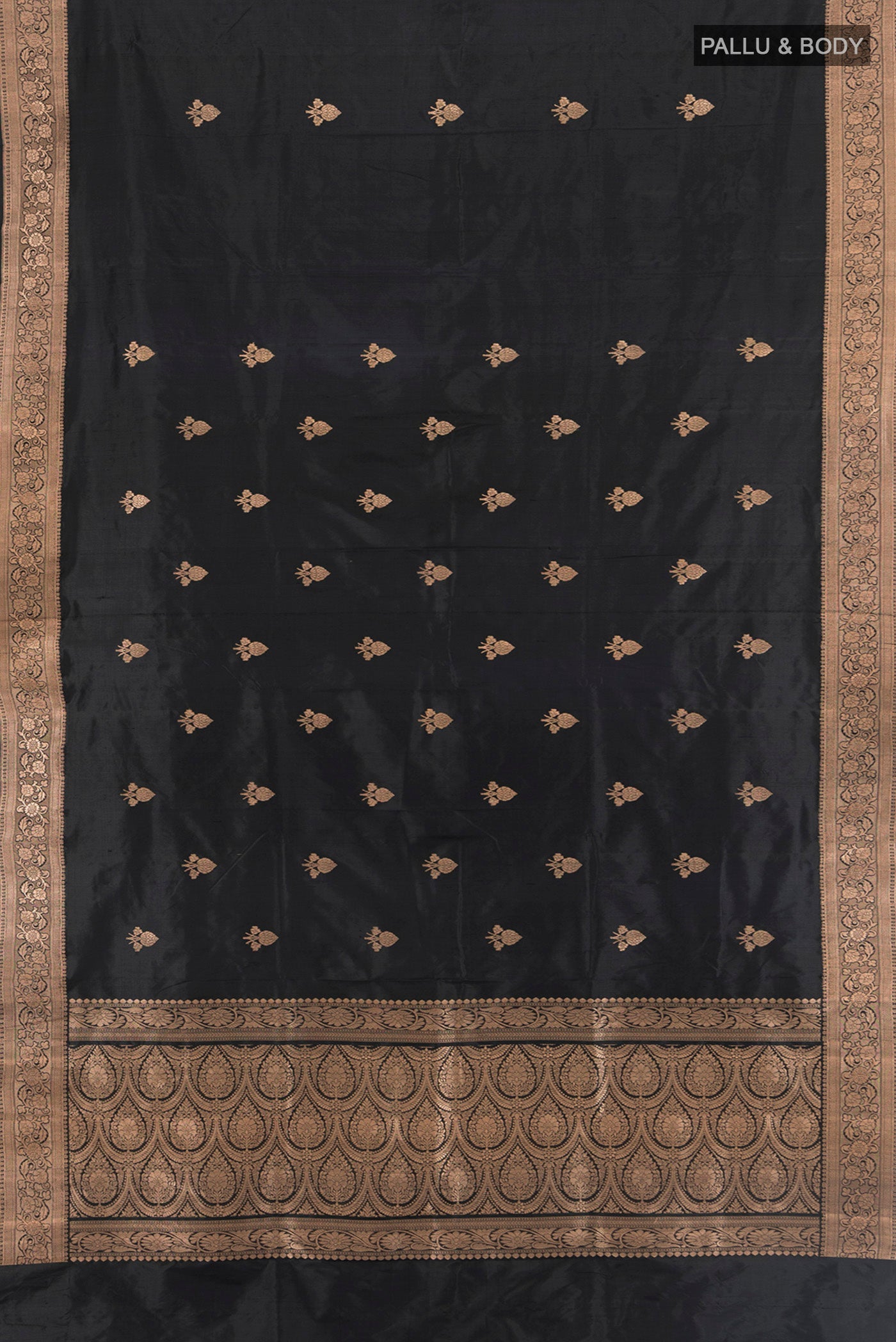 Flat view of Black Banarasi Katan Silk Saree with Zari Butta on the body and Zari Border. 