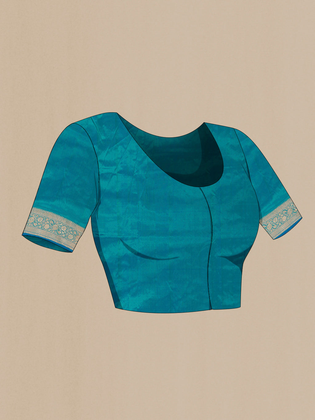 Close up image of the blouse of Peacock Blue Banarasi Katan Silk Saree with Zari Butta on the body and Zari Border. 