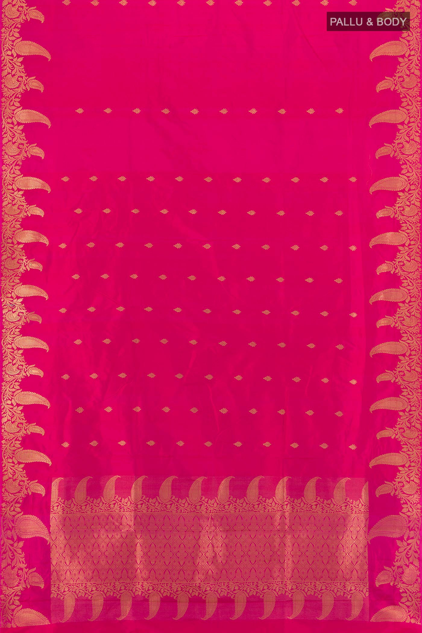 Flat view of Rani Pink Banarasi Katan Silk Saree with Zari Butta on the body and Fancy Border. 