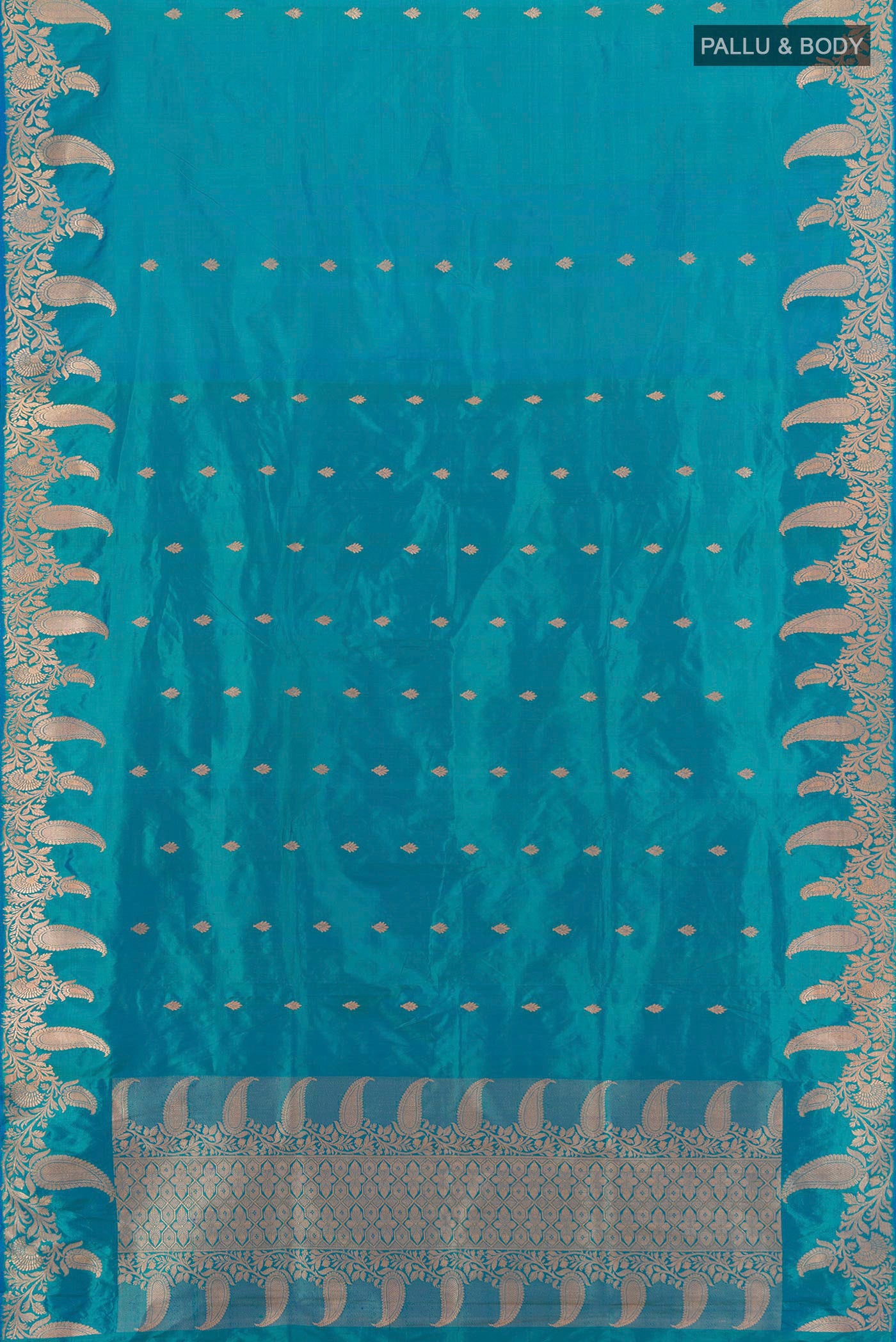 Flat view of Blue Banarasi Katan Silk Saree with Zari Butta on the body and Fancy Border. 