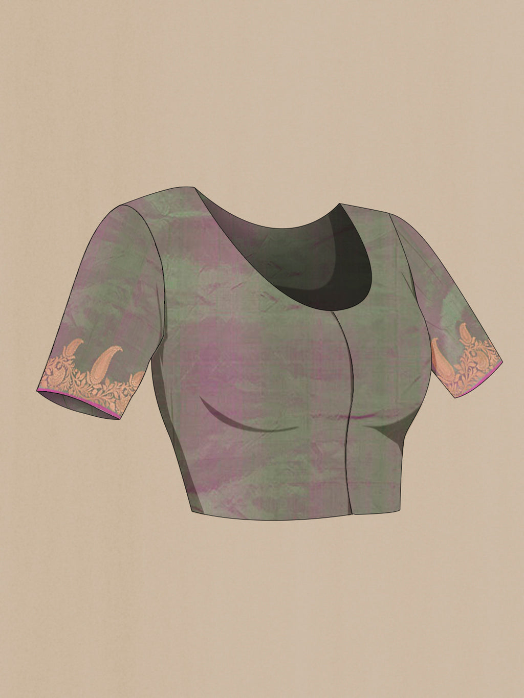 Close up image of the blouse of Green with Purple Color Banarasi Katan Silk Saree with Zari Butta on the body and Fancy Border. 