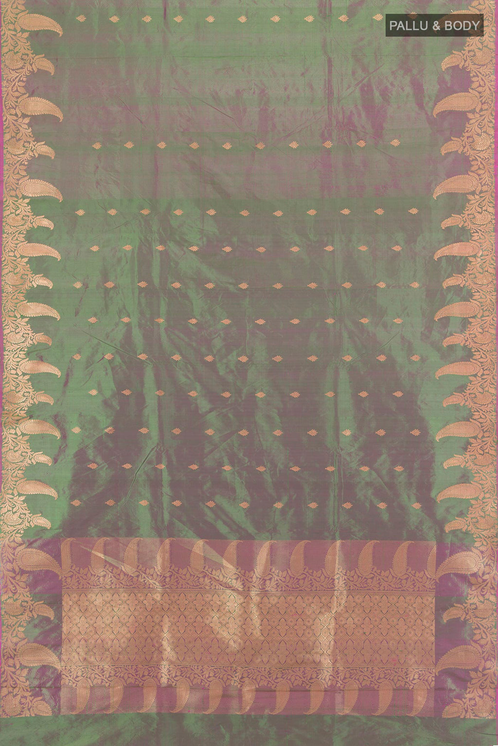 Flat view of Green with Purple Color Banarasi Katan Silk Saree with Zari Butta on the body and Fancy Border. 