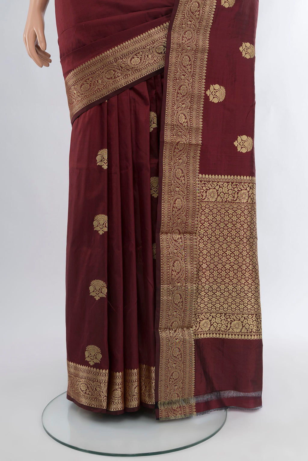 Pleats and pallu of Coffee Brown Banarasi Katan Silk Saree with Zari Butta on the body and Zari Border. 