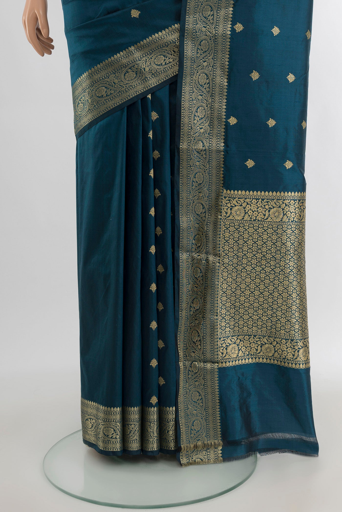 Pleats and pallu of Blue Banarasi Katan Silk Saree with Zari Butta on the body and Zari Border. 
