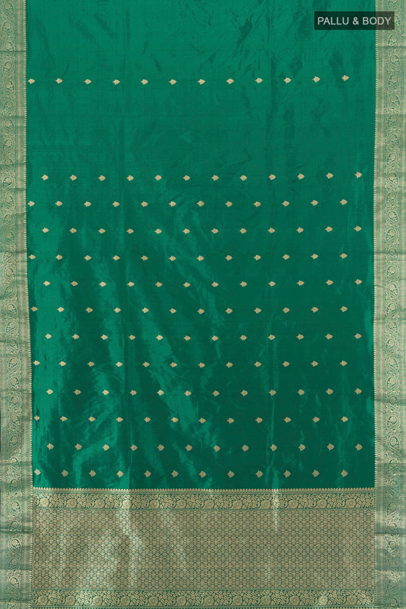 Flat view of Green Banarasi Katan Silk Saree with Zari Butta on the body and Zari Border. 