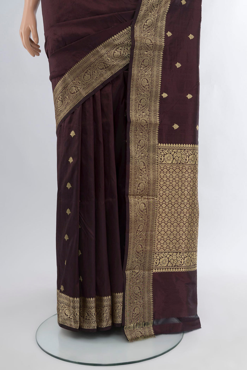 Pleats and pallu of Coffee Brown Banarasi Katan Silk Saree with Zari Butta on the body and Zari Border. 