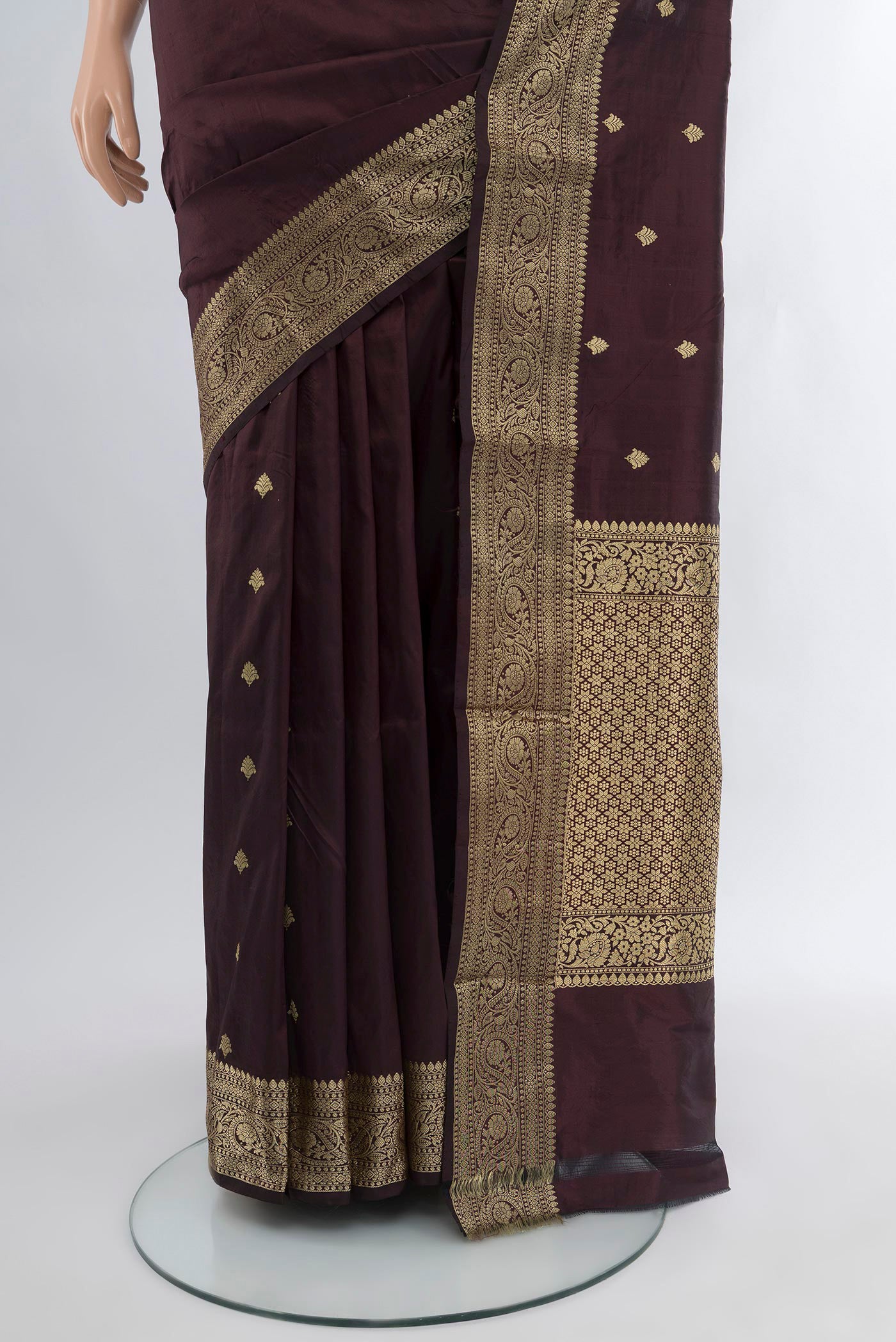 Pleats and pallu of Coffee Brown Banarasi Katan Silk Saree with Zari Butta on the body and Zari Border. 