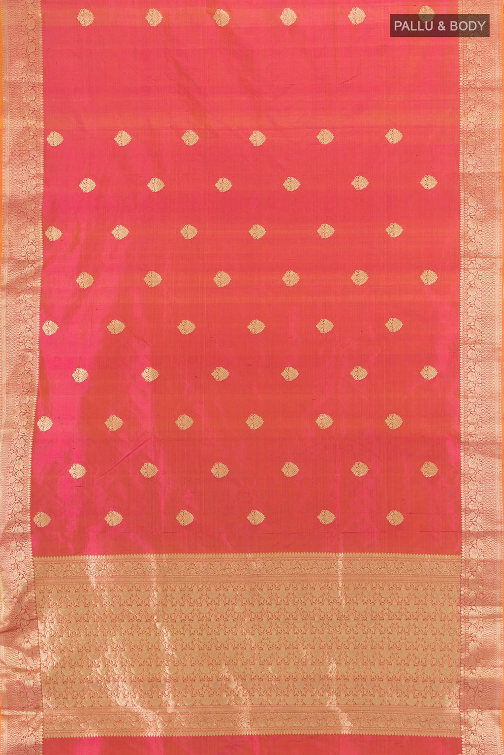 Flat view of Pinkish Yellow Banarasi Katan Silk Saree with Zari Butta on the body and Zari Border. 