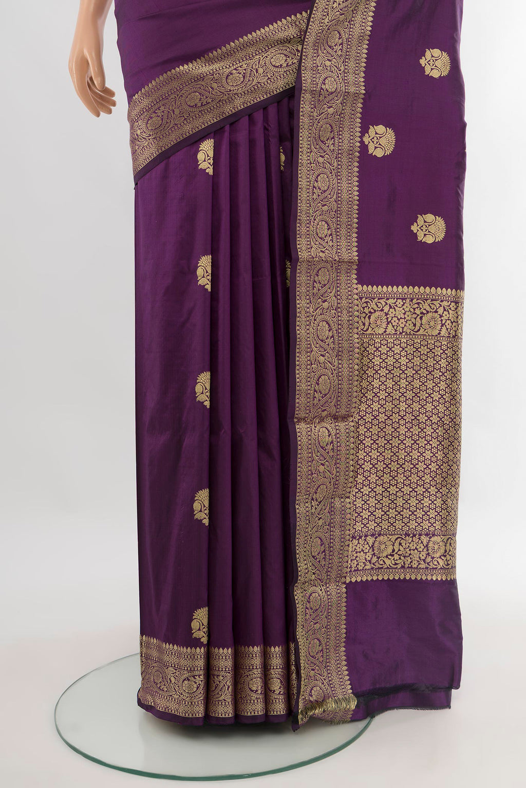 Pleats and pallu of Violet Banarasi Katan Silk Saree with Zari Butta on the body and Zari Border. 