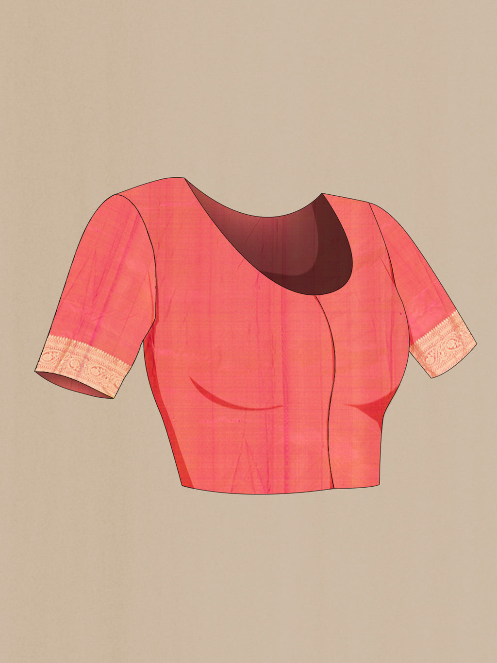 Close up image of the blouse of Rose pink Banarasi Katan Silk Saree with Zari Butta on the body and Silk Border. 