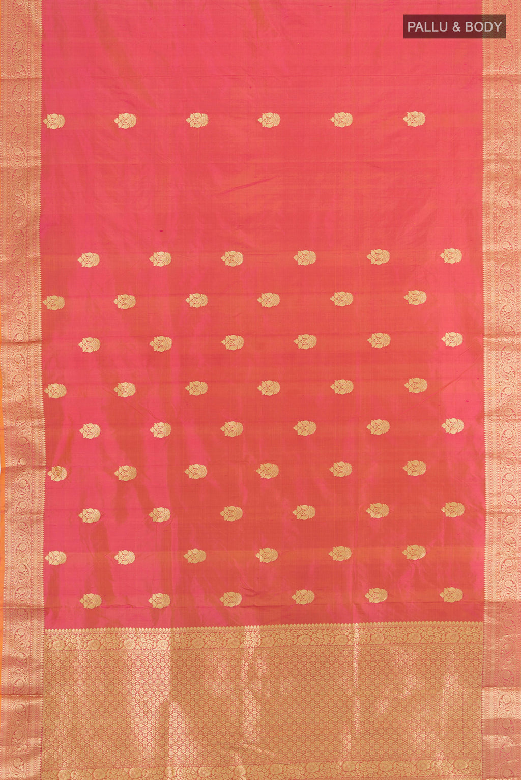 Flat view of Rose pink Banarasi Katan Silk Saree with Zari Butta on the body and Silk Border. 